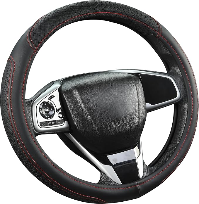 Customized Auto Car Steering Wheel Cover for Honda Civic, CR-Z, Insight, S2000, 14-14.25inch(Black+Red-Small Size)