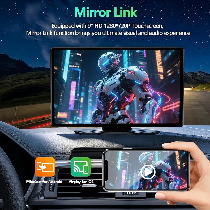 Wireless CarPlay Screen for Car, 9 Inch Portable Touchscreen for Apple CarPlay & Android Auto, Plug & Play, OTA Updates, Backup Camera & Screen Mirroring, Voice Control, GPS, Bluetooth 5.0, FM/AUX