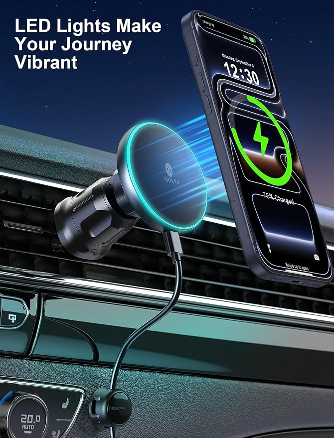 for iPhone Magsafe Car Mount Charger, Wireless Car Charger Magnetic Car Phone Holder for Dash Air Vent-LED HandsFree Car Mount Fast Car Charger for iPhone 17/16/15/14/13/12 Series