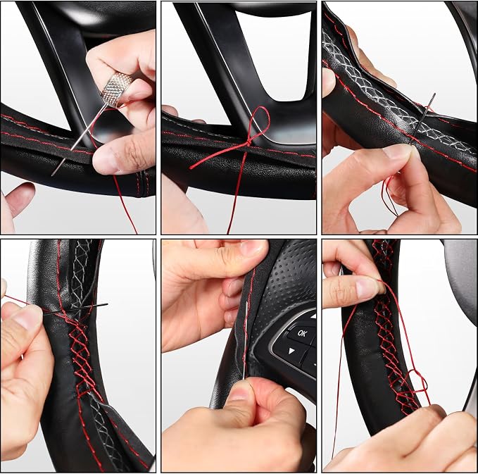 Genuine Leather Steering Wheel Cover, Stitch On Wrap, 15 Inch Steering Wheel Wrap for Car Truck SUV Pickup Boat, DIY Sewing with Needle Thread, Black with Red Thread