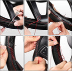 Genuine Leather Steering Wheel Cover, Stitch On Wrap, 15 Inch Steering Wheel Wrap for Car Truck SUV Pickup Boat, DIY Sewing with Needle Thread, Black with Red Thread