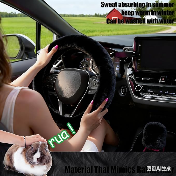 Furry Car Steering Wheel Cover with Fluffy Gear Shift Cover and Center Console Cover, Soft Warm Plush Non-Slip, 14 1/2-15 inch, for Women Girls 3 PCS Set, Black
