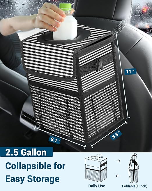 Car Trash Can with Lid, Leakproof Car Trash Bag Hanging Waterproof Automotive Garbage Can with Storage Pockets Mini Vehicle Trash Bin for Back/Front Seat(Stripe,2.5 Gallon)