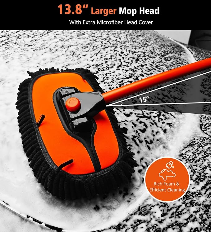 Car Wash Brush, 43" Extendable Car Wash Brush Mop with Long Handle, 15 Degree Curved Soft Car Washing Brushes with Extra Microfiber Brush Head for Truck SUV Cleaning, Orange