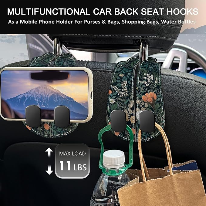 2PCS Car Hooks for Purses Bags, Weeds Floral Flowers Wildflowers Plants Seat Back Storage Headrest Holder Hanger PU Leather Double Backseat Organizer, Women Car Accessories Organization