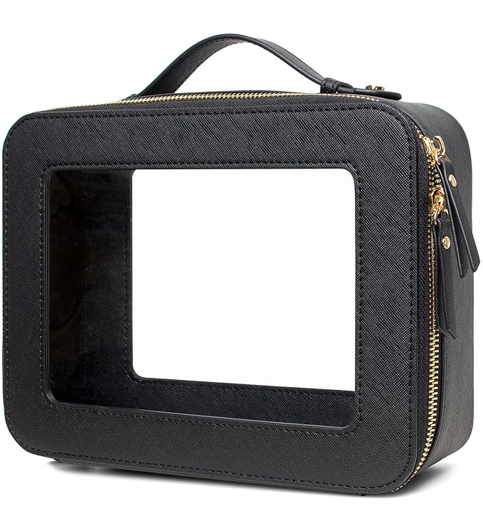 Clear Makeup Bags, TSA Approved Toiletry Bag with Zipper, Clear Makeup Organizer Large Fit Carry-on Travel Essentials,Clear Cosmetic Bags for Women Men (Large-Black)