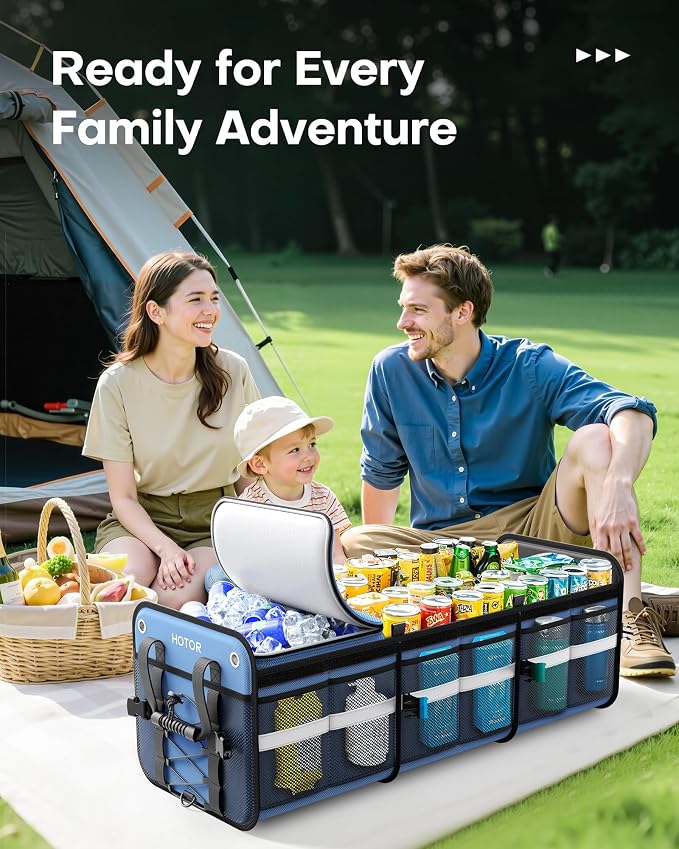 Trunk Organizer - 3-Compartment Car Organizer and Storage with Cooler Bag, Foldable Car Storage Organizer for SUV with Handles & Strap for Shopping, Picnic, 33.1" x 13.0" x 11.8", Blue