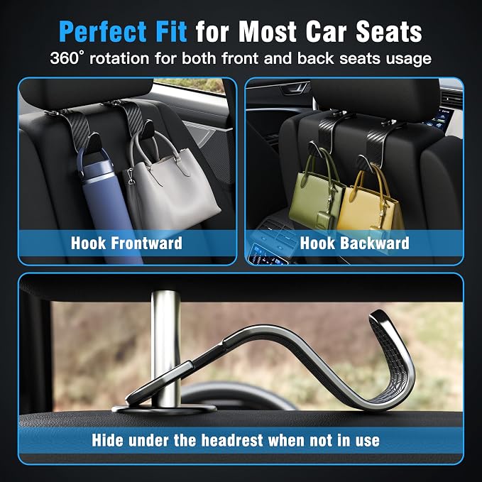 4-Pack Car Headrest Hooks Vehicle Storage Organizer for Purses Handbags Groceries Coats –Holds 55lbs 360° Rotating Simple Design Black Checkered