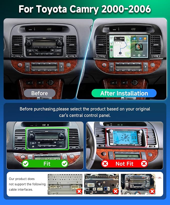 8 Core 6G+128G Android 15 Car Stereo for Toyota Camry 2000-2006, AI Noise Reduction, Wireless Carplay Android Auto 9 Inch IPS GPS 5G-WiFi DSP FM RDS, Bluetooth 5.0 SWC HD Backup Camera