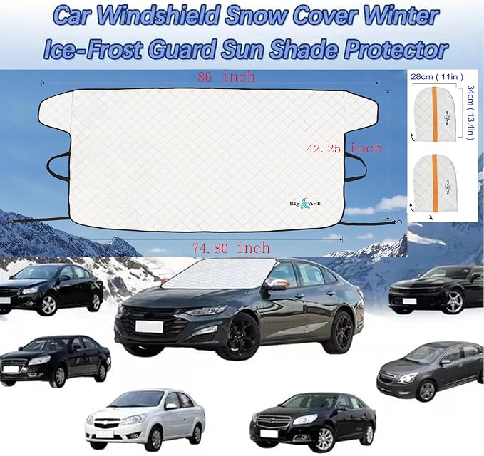 Windshield Cover for Ice and Snow - Universal Windshield Cover Fit for Car, SUV, Truck, 600D Oxford Fabric Winter Frost Protector for Ice & Sleet, Includes 2 Side Mirror Covers, XL White