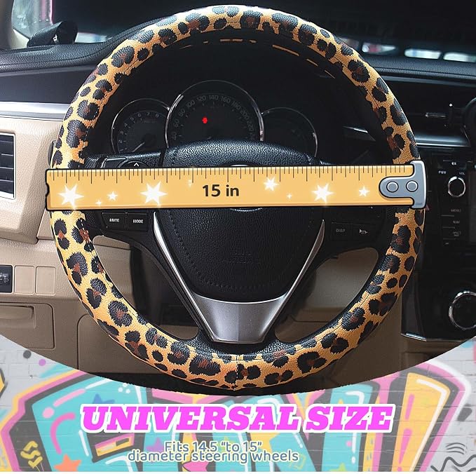 Universal Leather Leopard Cheetah Steering Wheel Cover Women 14.5-15 inch Leopard car Accessories Western Anime Brown Cute Wheel Cover Hip Hop Anti-Slip Car Protecter for Men