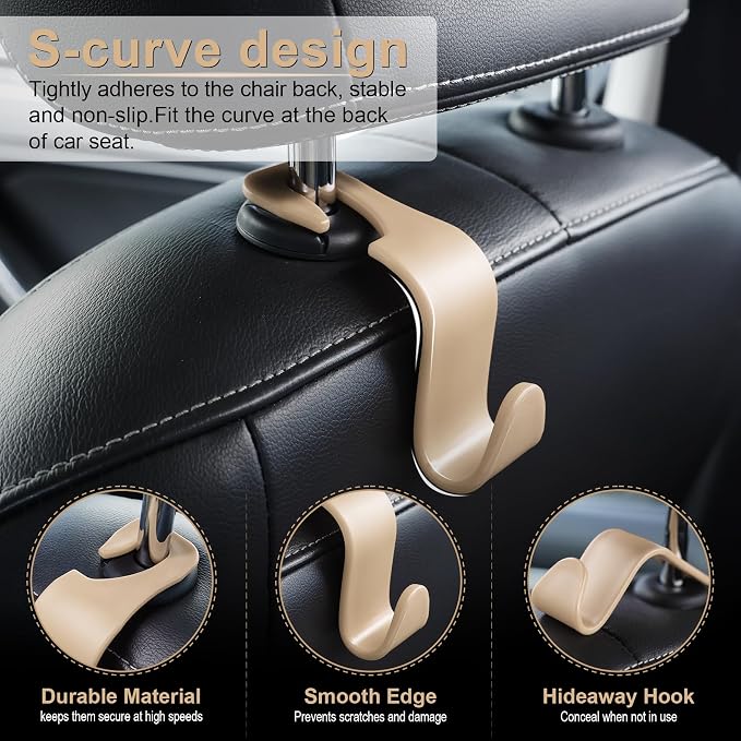 Car Seat Headrest Hook, Auto Seat Hook Hangers Storage Organizer Interior Accessories for Purse Coats Umbrellas Grocery Bags Handbag, 4-Pack