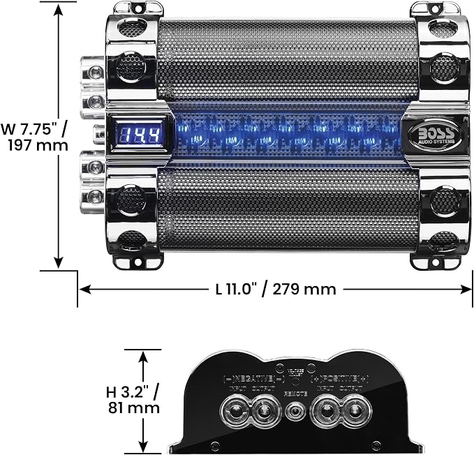 Cap18 - 18 Farad Car Capacitor For Energy Storage To Enhance Bass Demand From Audio System, Audible Warning Tone For Reverse Polarity, Voltage Overload Low Battery Voltage Led