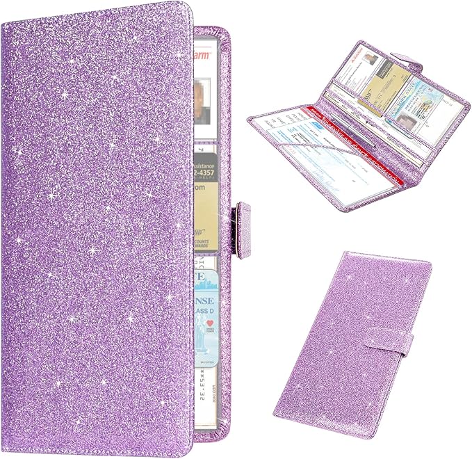 Car Registration and Insurance Holder, Vehicle Car Glove Box Organizer, Cool Car Accessories for ID, Driver License Cards & Essential Document, Men&Women, Purple Glitter