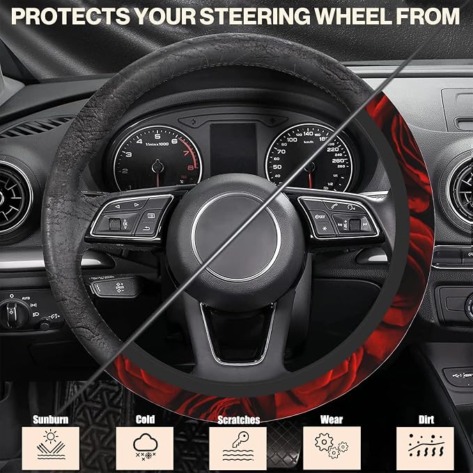 Red Roses Steering Wheel Cover, Elastic Non-Slip Steering Wheel Protector,Auto Interior Decor for Women Girls,Universal 15" Fit for Sedans,Trucks