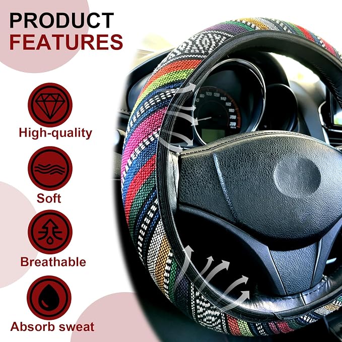 Boho Flax Cloth Steering Wheel Cover, Hippie Baja Blanket Anti-Slip Breathable Protector, Universal Fit 14.5-15 Inch for Cars SUV Van Truck, Women Car Interior Accessories (Style B)