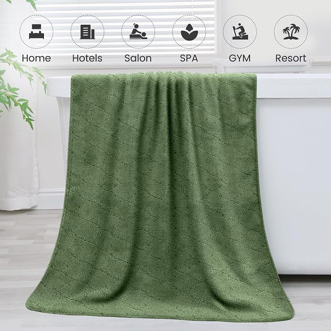 Microfiber Bath Towels Set of 2, Oversized, Ultra Soft, Super Absorbent, Fast Drying, No Fading Large Bathroom Towel for Yoga, Sauna, Travel, Fitness (Coral Fleece - Olive-Green, 30 in x 60 in)