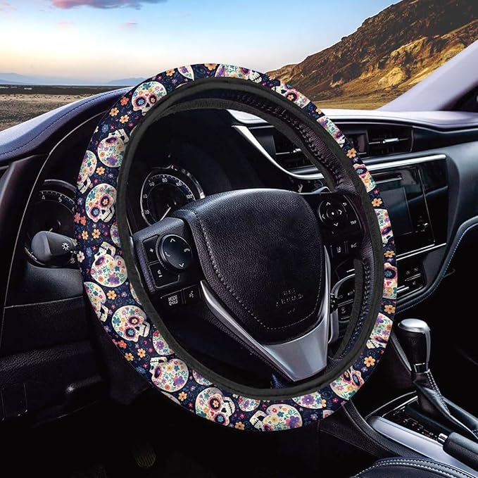 Steering Wheel Cover for Women, Hippie Flower Skull Sweat Absorbing Non-Slip Steering Wheel Protection Case, Machine Washable Elastic Flexible Universal 14 to 15 inch