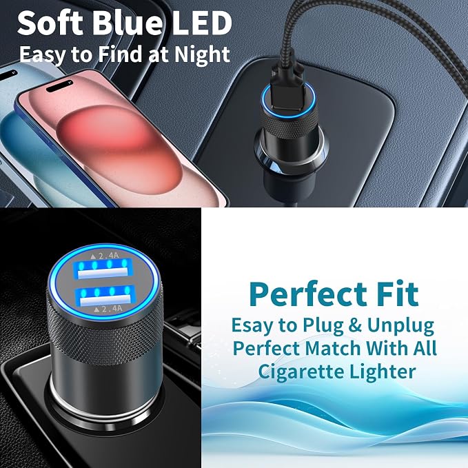 [Apple MFi Certified] iPhone 17 Car Charger Fast Charging, 2Pack 4.8A USB Power Cigarette Lighter USB-C Car Charger + Type-C Braided Cord for iPhone 17/17 Pro Max/16/15/Galaxy/S26/S25/Pixel