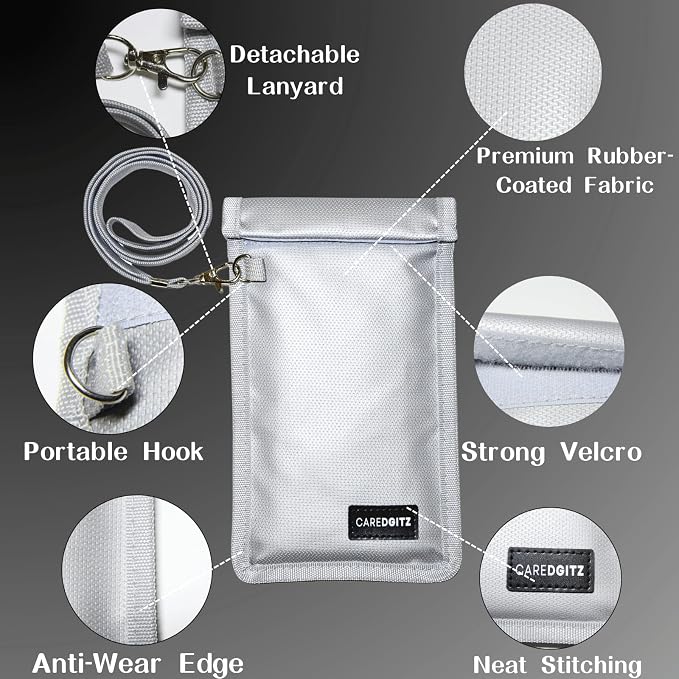 Faraday Bags for Phone - Farady Pouch Key Fob Protector w/Lanyard, RFID Signal Blocker for Car Keys Anti-Theft, Cell Phone Signal Blocking Bag Anti-Hacking, Fire-Resistant, 2 Pack, Silver