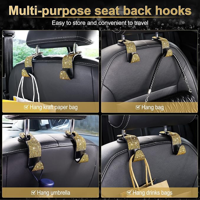 Car Seat Headrest Hook, Auto Seat Hook Hangers Storage Organizer Interior Accessories for Purse Coats Umbrellas Grocery Bags Handbag, 4-Pack(Bling Gold)