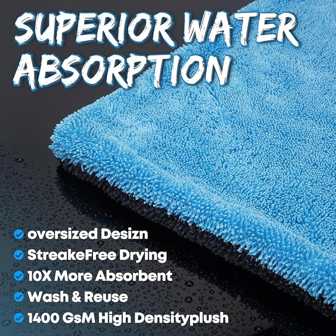 48”x24” Car Drying Towel for Full-Sized SUV, Dual Sided Microfiber Car Cleaning Towel with Twisting Yarn Technique, 1400GSM Super Absorbent Scratch-Free, Machine Washable (Dark Gray - Blue)