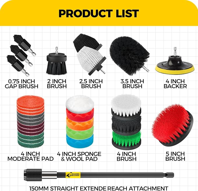 30 Piece Drill Brush Set, Scrub Pads Scrubber Brush with Extend Long Handle Clean for Grout, Tiles, Bathtub, Bathroom, Kitchen, Bristle Discs,Black