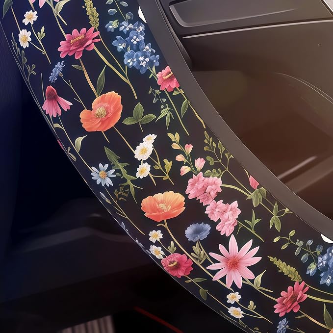 Wildflower Car Steering Wheel Cover + 2 Car Flower Cup Coasters | Anti-slip Universal Breathable 14 - 15-In For Women Wildflower Steering Wheel protection
