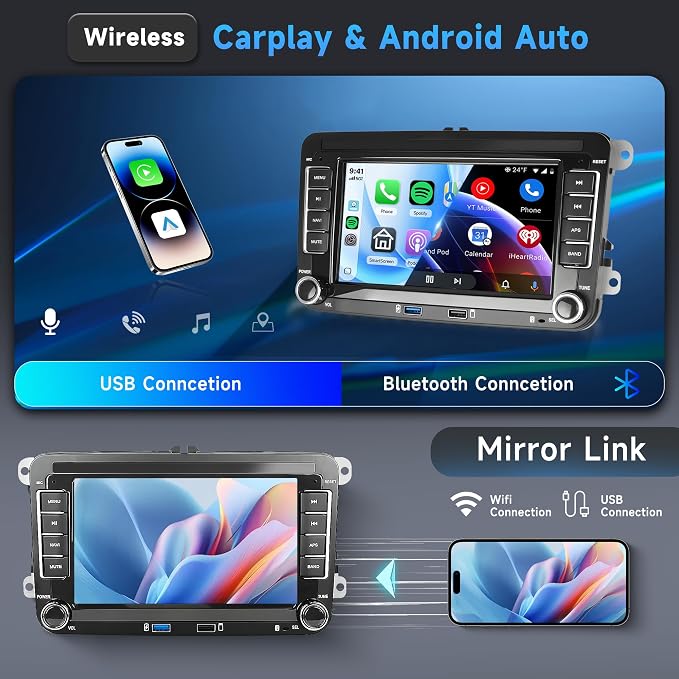 8Core 6G 128G Android Car Stereo for VW Passat Golf MK5 MK6 Jetta T5 EOS Polo Touran Seat Sharan Wireless Carplay Android Auto, 7'' Touchscreen Stereo with GPS Bluetooth WiFi FM/RDS DSP Rear Camera