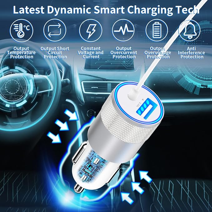 [Apple MFi Certified] Phone 16 Car Charger Fast Charging, Caiinei 4.8A USB Power Cigarette Lighter USB-C Car Carplay Fast Charger + 6FT Type-C Cable for iPhone 16 Pro/16 Plus/16 Pro Max/15/15 Pro/iPad