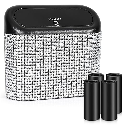 Bling Car Trash Can with Lid, Mini Auto Garbage Storage Bin with 60pcs Garbage Bags, Sparkling Crystal Trash Bags Holder Dustbin Vehicle Accessories Container Organizer (White Rhinestone)