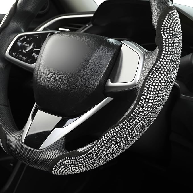 Diamond Bling Car Steering Wheel Cover with Crystal Rhinestones,3PCS Segmented Steering Wheel Protector,Universal for 99% Cars for Women(Black with White Diamond)