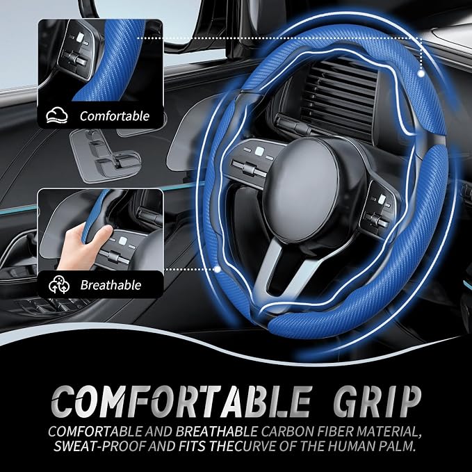 3pcs Car Steering Wheel Cover,Anti-Skid Carbon Fiber Steering Wheel Protector for Men Women,Multiple Color Options,Universal for Most Car Interiors Accessories (Bule 3PCS)