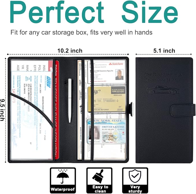 Car Registration and Insurance Holder, Leather Car Glove Box Organizer, Cool Car Accessories for ID, Driver's License Cards & Essential Document, Men&Women, Black#2