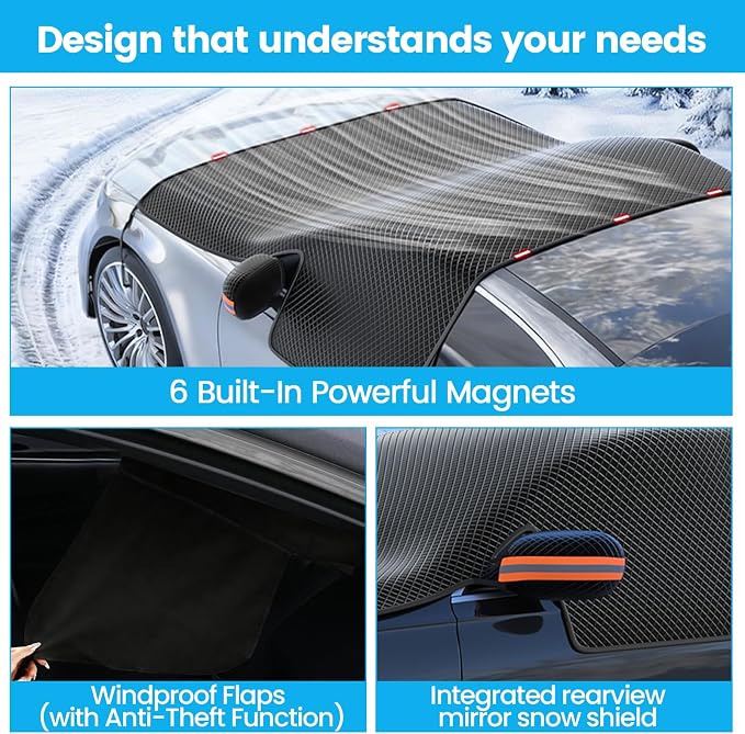 Windshield Cover for Ice and Snow - Heavy-Duty Winter Frost Guard with Side Mirror Pockets, Waterproof All-Weather Windproof Car Window Cover for Cars, Trucks, SUVs