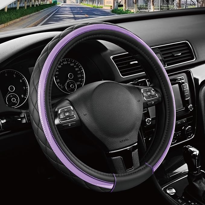 Leather Steering Wheel Cover – Black & Purple, Universal Fit 14.5-15 Inch, Microfiber Leather, Anti-Slip & Breathable Design for Men and Women