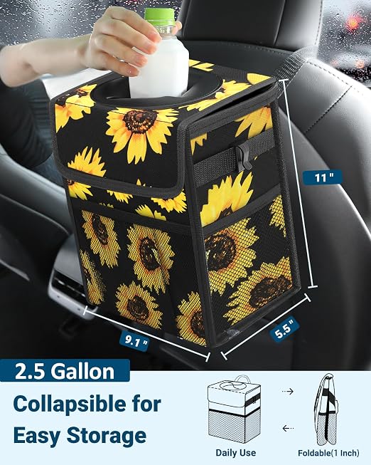 Car Trash Can with Lid, Leakproof Car Trash Bag Hanging Waterproof Automotive Garbage Can with Storage Pockets Mini Vehicle Trash Bin for Back/Front Seat(Sunflower,2.5 Gallon)