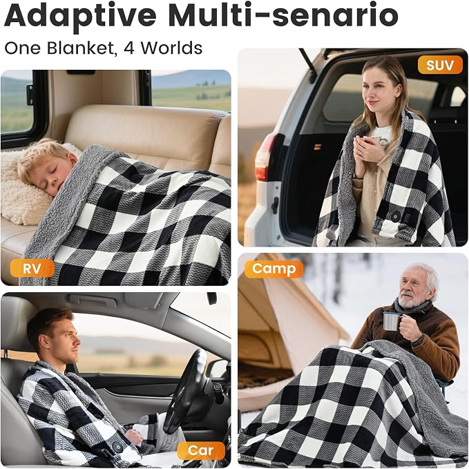 Car Heated Blanket, 12-Volt Portable Heated Car Blanket with 4 Heating Levels & 4 Hours Auto Off for Car, Truck, SUV, RV or Camping, Travel, Machine Washable, 59" X 43", Plaid
