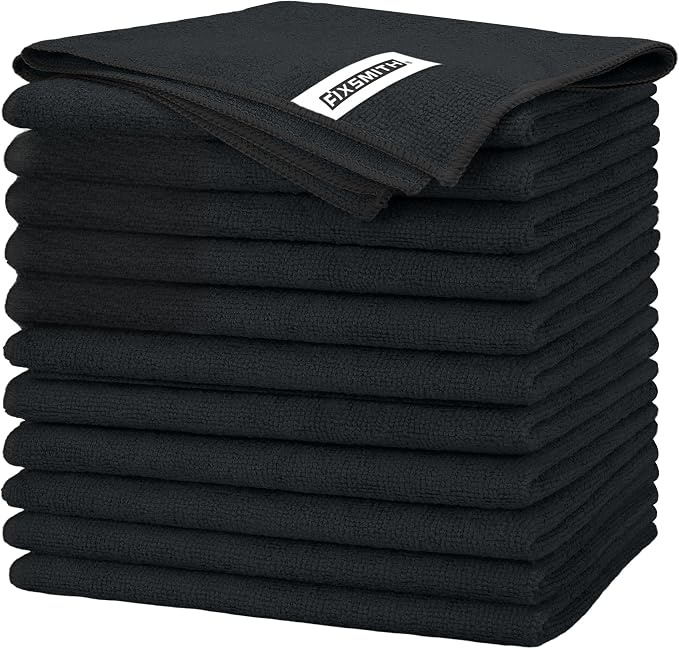Black Microfiber Cleaning Cloth -Pack of 12, Highly Absorbent Cleaning Rags, 16"X12" All Purpose Cleaning Towels for Housekeeping, Kitchen, Car, Lint Free and Reusable Microfiber Towels