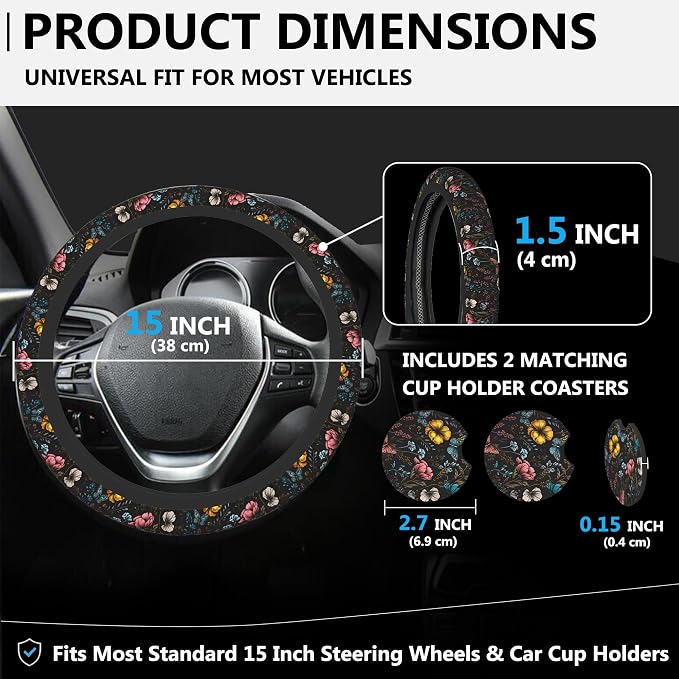 Colorful Flower and Butterfly Steering Wheel Cover for Women, Anti-Slip Car Steering Wheel Cover with 2 Pcs Cup Holders Neoprene Breathable Car Accessories Universal 15 Inch Auto Interior Decor