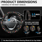 Colorful Flower and Butterfly Steering Wheel Cover for Women, Anti-Slip Car Steering Wheel Cover with 2 Pcs Cup Holders Neoprene Breathable Car Accessories Universal 15 Inch Auto Interior Decor