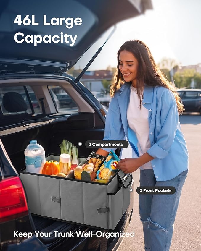 Trunk Organizer for Car - Car Organizer, Foldable Trunk organizer for SUVs & Sedans, Sturdy Organization for Car Accessories, Tools, Sundries, Grey, 2 Compartments, 21.3"×12.6"×10.6"