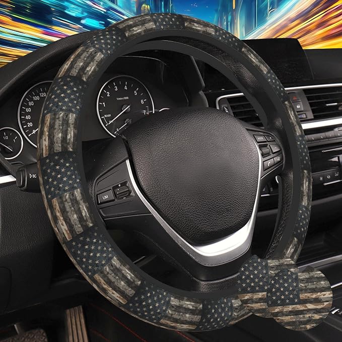 Camo American Flag Steering Wheel Cover for Women, Anti-Slip Car Steering Wheel Cover with 2 Pcs Cup Holders Neoprene Breathable Car Accessories Universal 15 Inch Auto Interior Decor