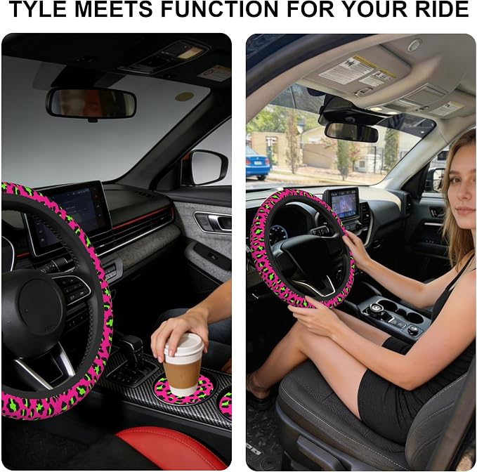 Pink Leopard Steering Wheel Cover,Pink Cheetah Leopard Universal 15" Elastic Car Steering Wheel Cover with 2 PCS Car Coasters,Anti-Slip Breathable Accessories for Auto,SUVs,Truck