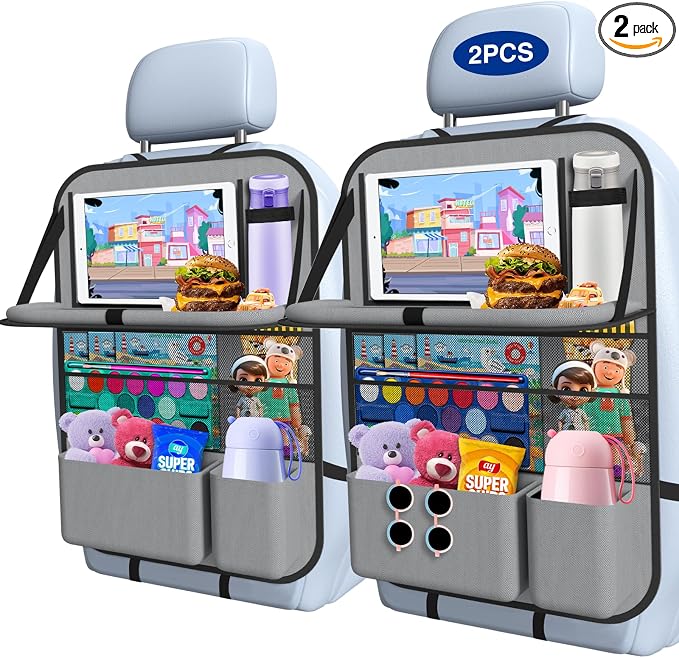 2PACK-Car Backseat Organizer with Touch Screen Tablet Holder,9 Storage Pockets Storage Organizer with Foldable Food Tray, Protector Kick Mats for Kids, Travel Accessories Organizer (Grey)
