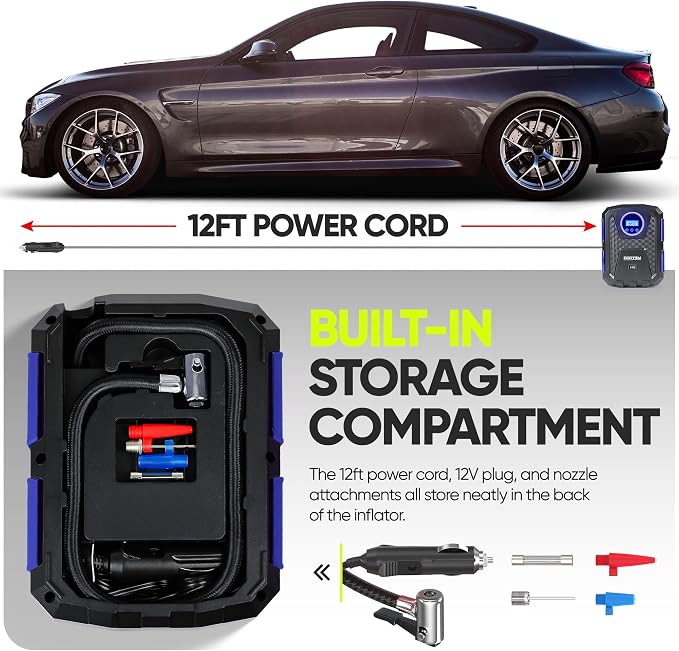 Tire Inflator Portable Air Compressor, Air Pump for Car Tires and Bikes, Car Tire Pump w/Auto Shut Off, 150 PSI, 12V DC, LED Light, Carrying Case, Perfect For Men, Women