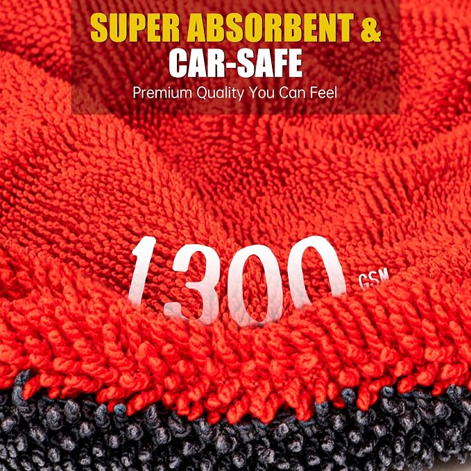 3-Pack Car Drying Towel-Microfiber Extra Large Towels for Cars(59"x24"), Ultra-Absorbent, Scratch & Streak Free, 1300 GSM, Twisted-Loop Cleaning Cloth for Truck, SUV, Car Accessories, Red