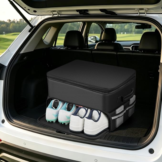 for Golf Trunk Organizer, Car Trunk Locker with Separate Ventilated, Multi-Compartment fits 2 Pairs of Shoes, Storage for Balls, Tees, Cap, Clothes, Gloves, Gifts for Golfers