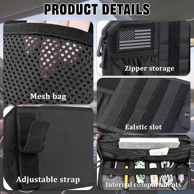 Car Visor Organizer with 3pcs Patches, Multi-Pocket Sun Visor Organizer | Zipper Storage Pouch & Adjustable Straps, Semi-Rigid Panel Storage Accessories for Truck, Suv, Most Cars (Black)