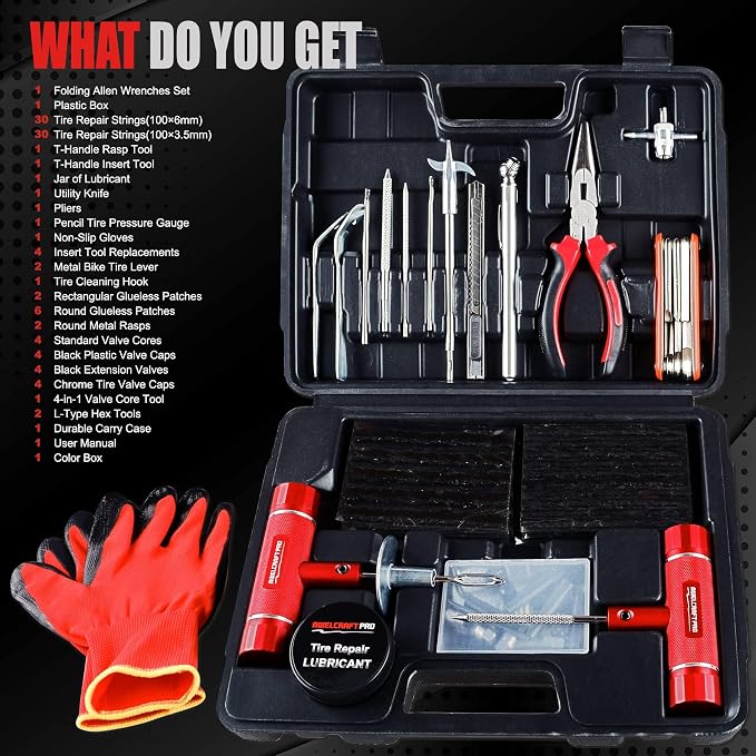 108-Piece Heavy Duty Tire Repair Kit – Professional Flat Tire Plug Set with T-Handle Tools, 4-Way Valve Tool, Pliers, Storage Case